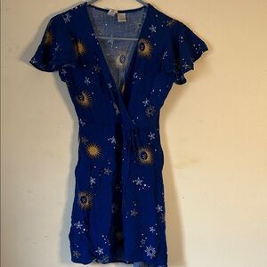 Blue Sun & Star Celestial Wrap Dress with Tie Waist